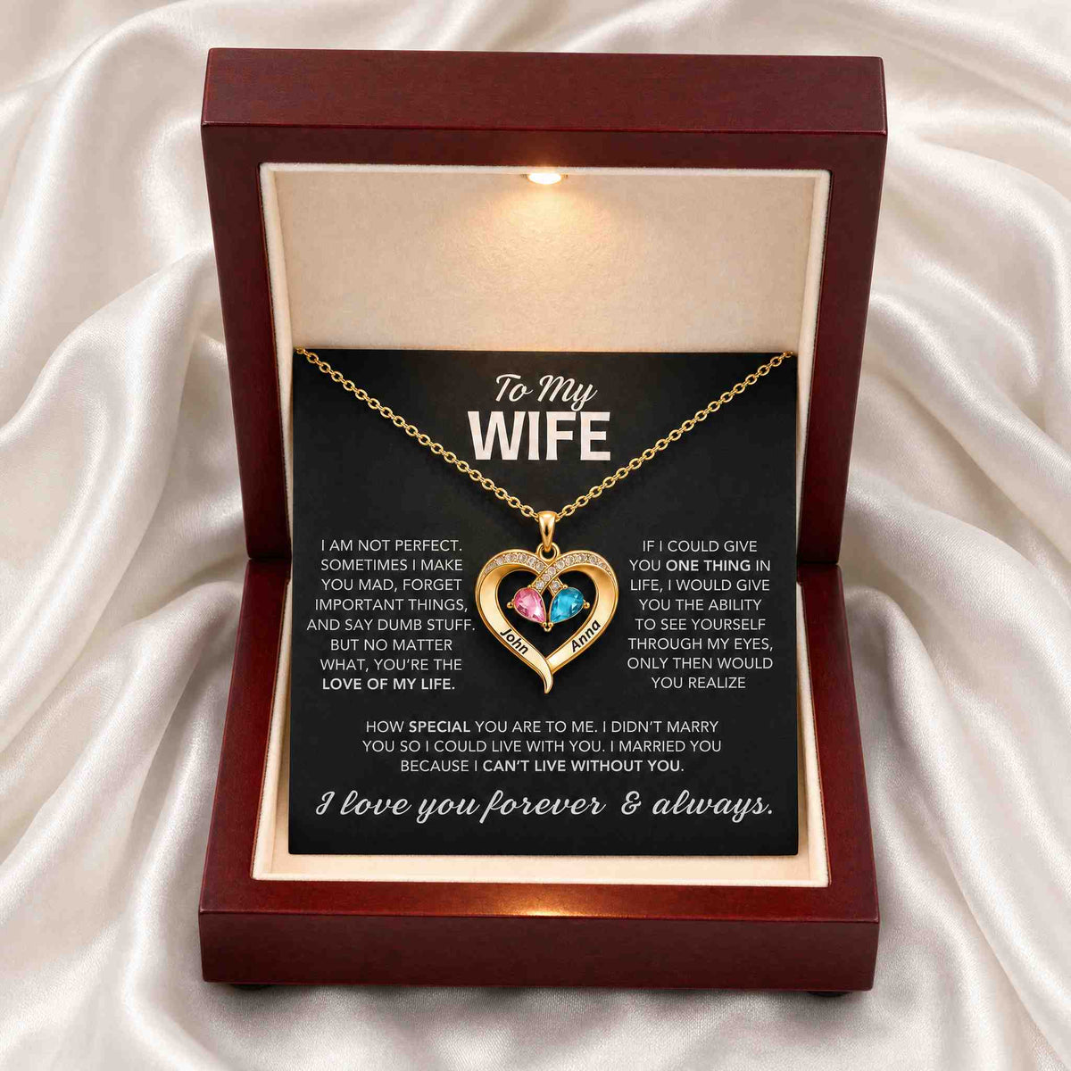愛する妻へ贈る　ふたりの誕生石と名前を刻むハートネックレス　LEDライト付き高級ボックス